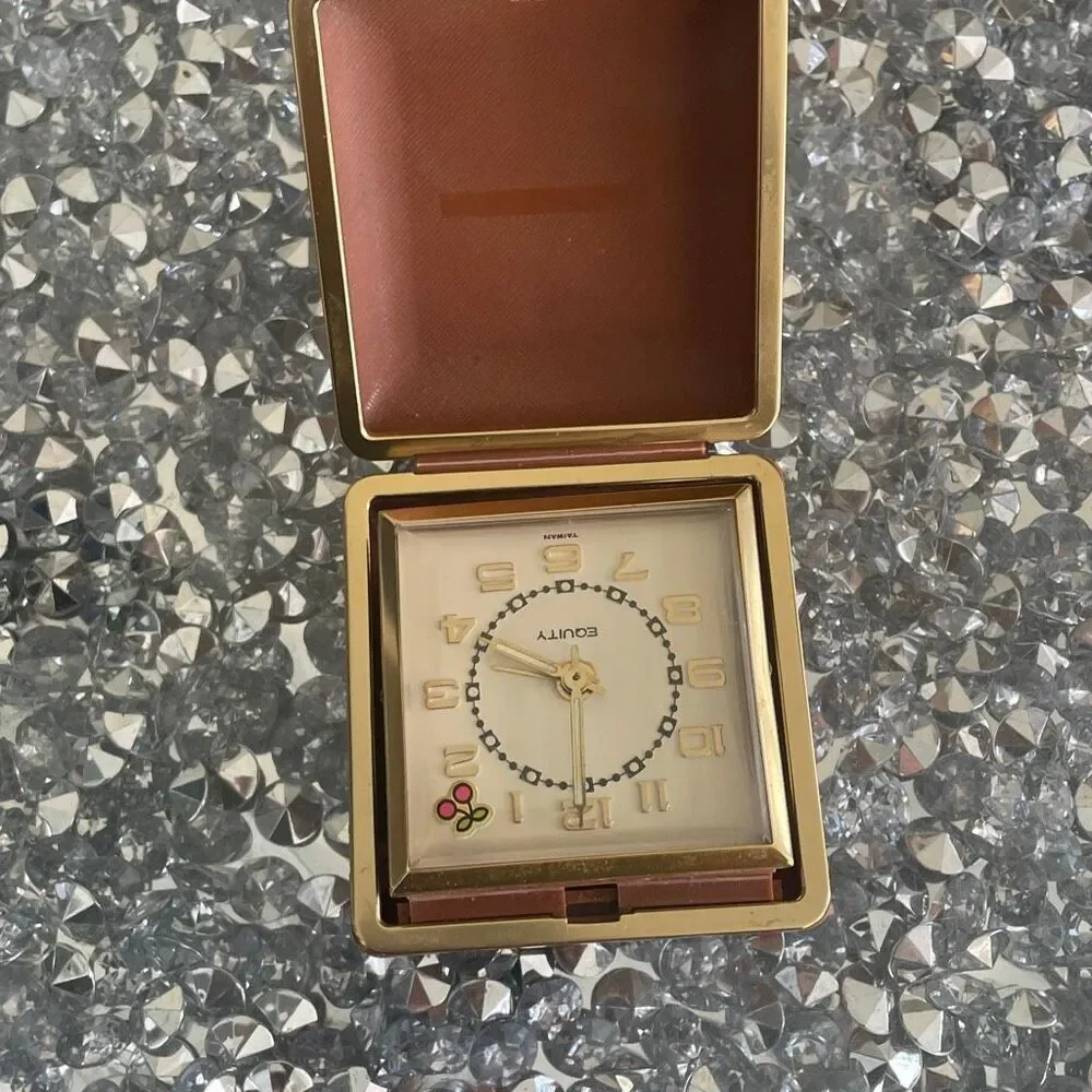Vintage old Taiwan Equity Folding Travel Alarm Clock Illuminated Hands Wind Up